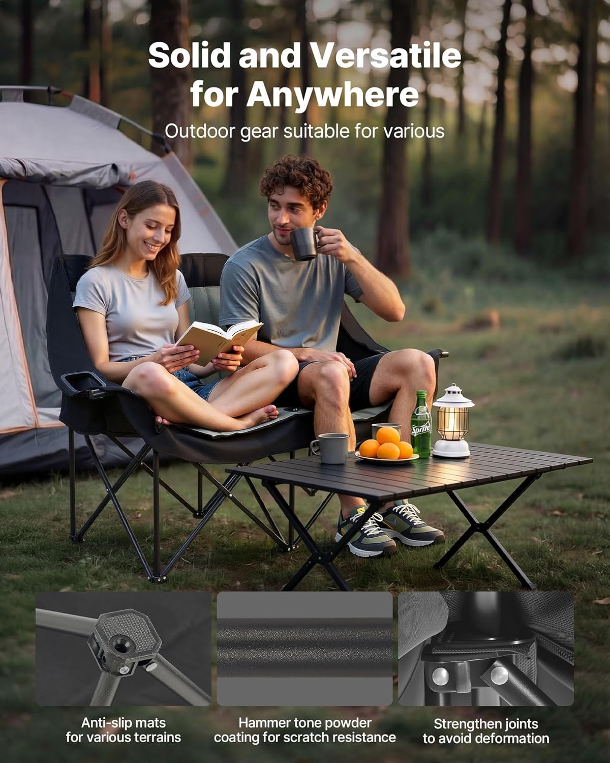 VEVOR Double Camping Chair, Oversized Two Person Camp Chair with 660 lbs Heavy Duty Support, with Dual Cup Holders, Wine Glass Holders, Magazine Straps, Carry Bags for Outdoor, Beach, 1 Pack