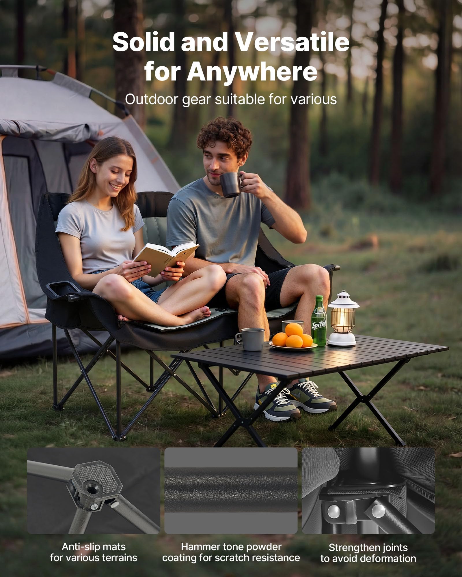 VEVOR Campingstuhl für 2 Personen Faltstuhl 300 kg Belastbar, Anglerstuhl mit 2 Getränkehaltern & Weinglashaltern & Zeitschriftenhalterungen & Tragetaschen, für Outdoor-Aktivitäten Angeln 1 STK.