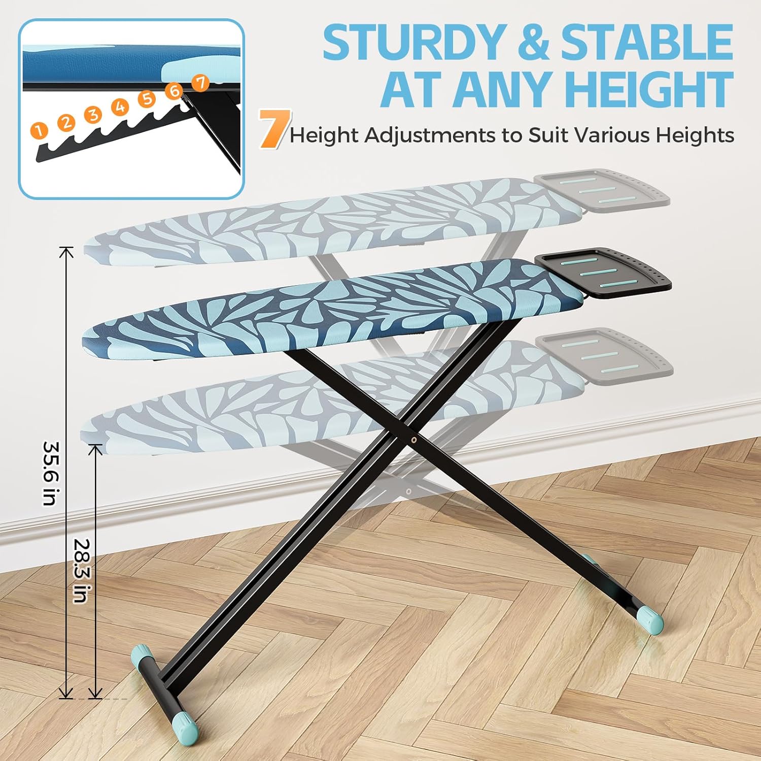 apexchaser ironing board full size, iron board and ironing board set height adjustable, foldable ironing boards standard size, iron table stand with anti-skid legs and iron rest, 13" x 43" blue blue 43"l x 13"w