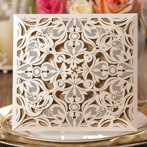 Miniatura 3 de Hosmsua 6.3 x 6.3 pulgadas, 50 tarjetas de invitación de boda personalizadas color marfil con sobres, corte láser, encaje hueco, invitación de rosa