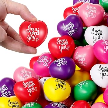 Zubebe 180 Pcs Jesus Loves You Heart Stress Balls Bulk 1.57 Inch Heart Shaped for First Communion, Baptism, Religious Valentine Party Favors and Stress Relieve Fidget Balls Gift