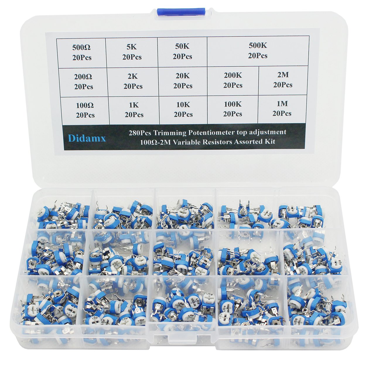 Didamx 280Pcs 100 ohm- 2M ohm Variable Resistor Potentiometer Assortment Kit