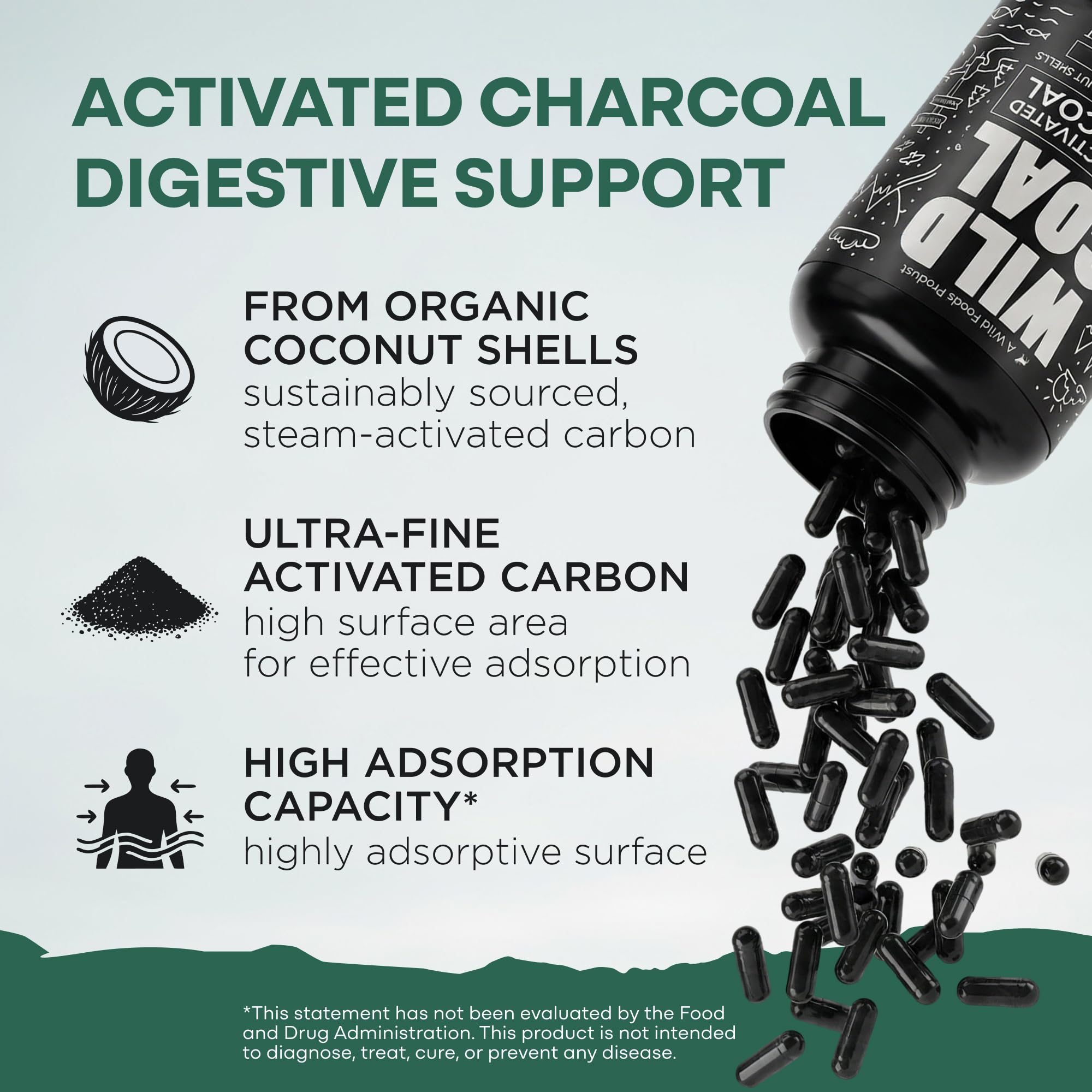 Wild Foods Activated Charcoal Capsules, 100% Organic Coconut Shells, 1 Pack — Amazon image 2