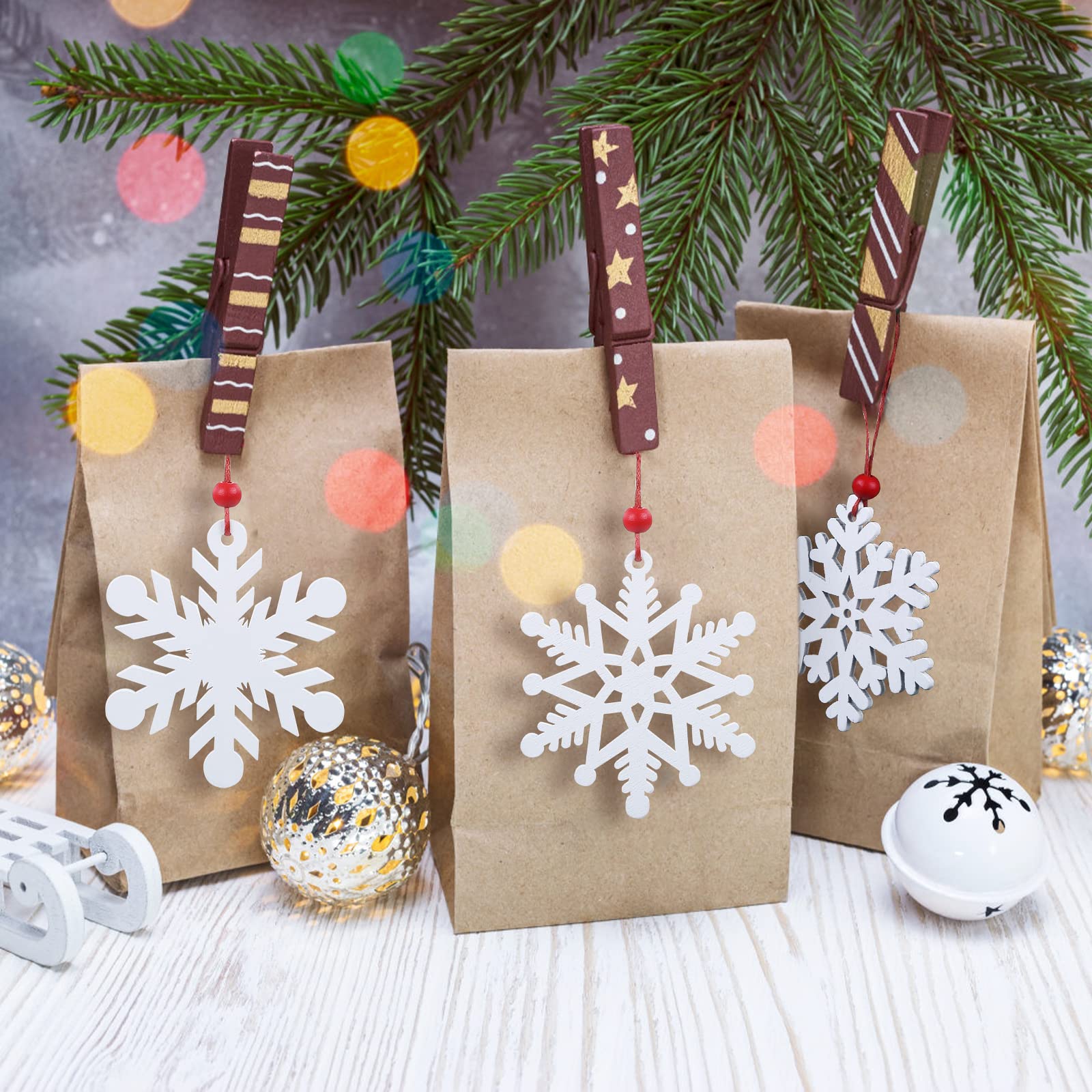 LEMESO 24 Piezas Pack de Copo de Nieve de Madera Colgantes Blanco para Navidad Árbol de Navidad Decoración