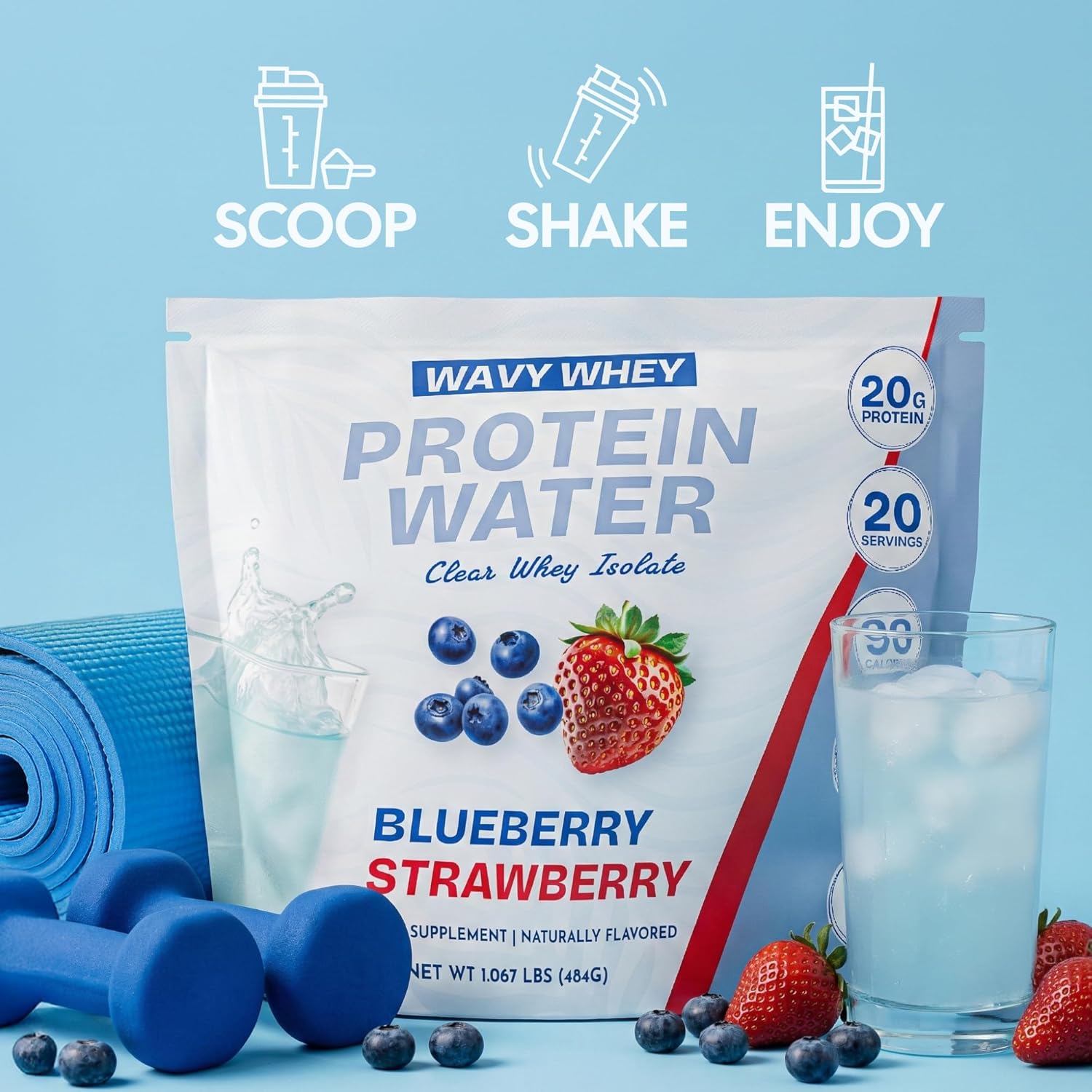 Clear Protein, Protein Water, Blueberry Strawberry 20 Servings 20G Protein, 100% Grass Fed Whey Protein Isolate, 90 Calories, Fitness Drink Supplement Nutrition