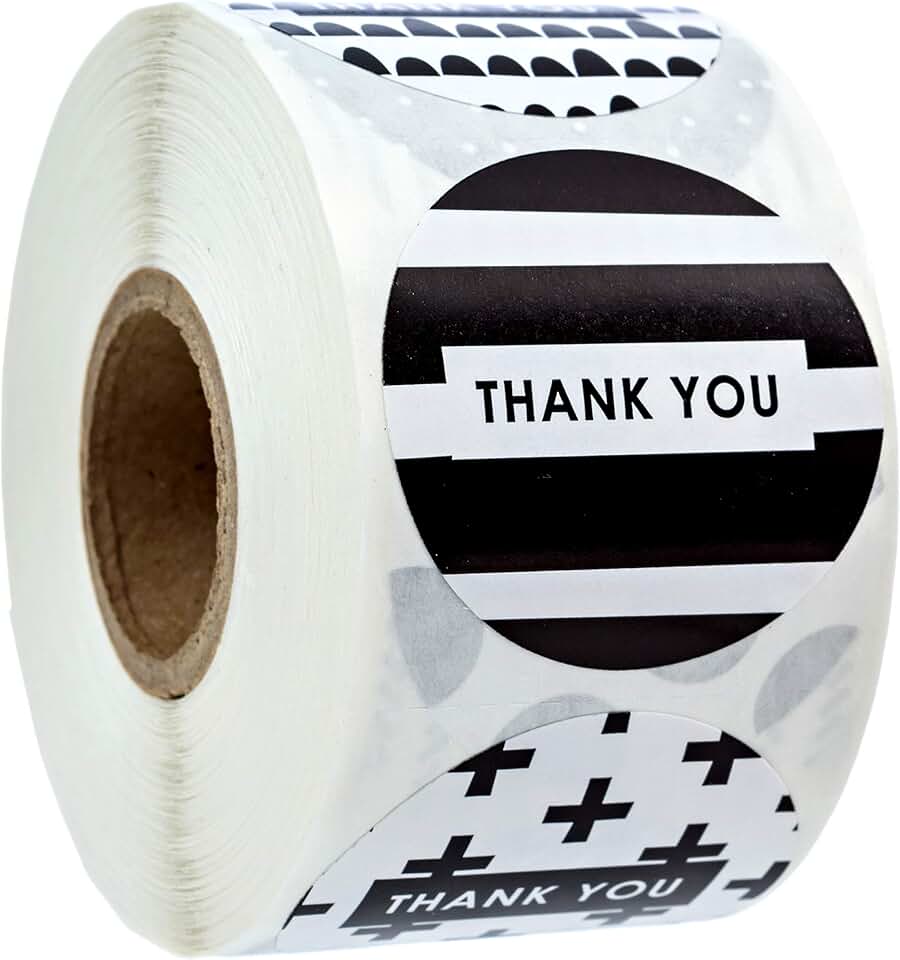 1.5" Black and White Patterned Thank You Stickers / 500 Thank You Stickers / 8 Neutral Thank You Designs/Made in The USA