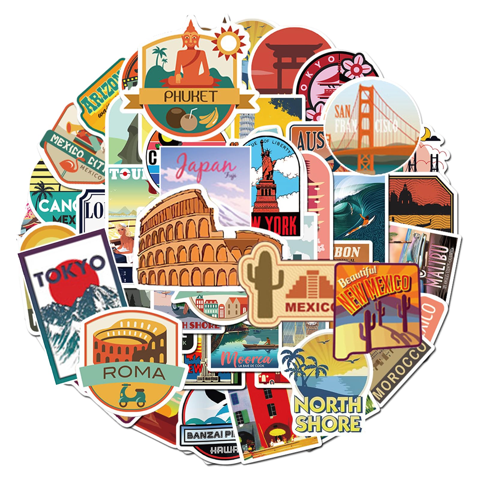 50pcs Travel Map City Stickers, Vinyl Waterproof World Famous Country Tourism Landmarks Vintage Stickers, Famous Building Cityscape Sticker for Passport Suitcase Stamp Luggage Laptop Skateboard