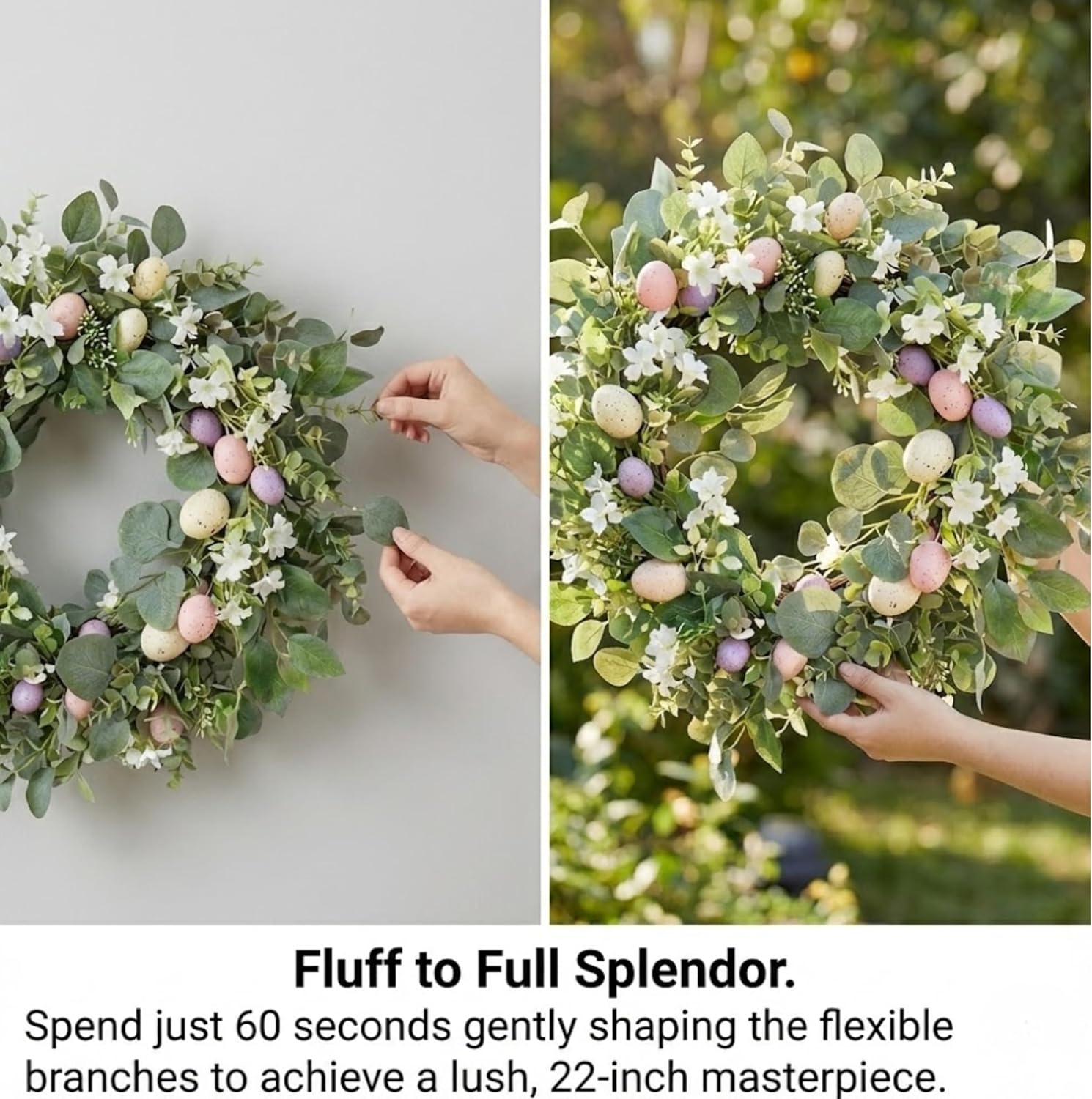 22 Inch Easter Wreath for Front Door, Spring Eucalyptus Wreath with Pastel Speckled Eggs & White Jasmine Flowers, Farmhouse Summer Outdoor Holiday Décor