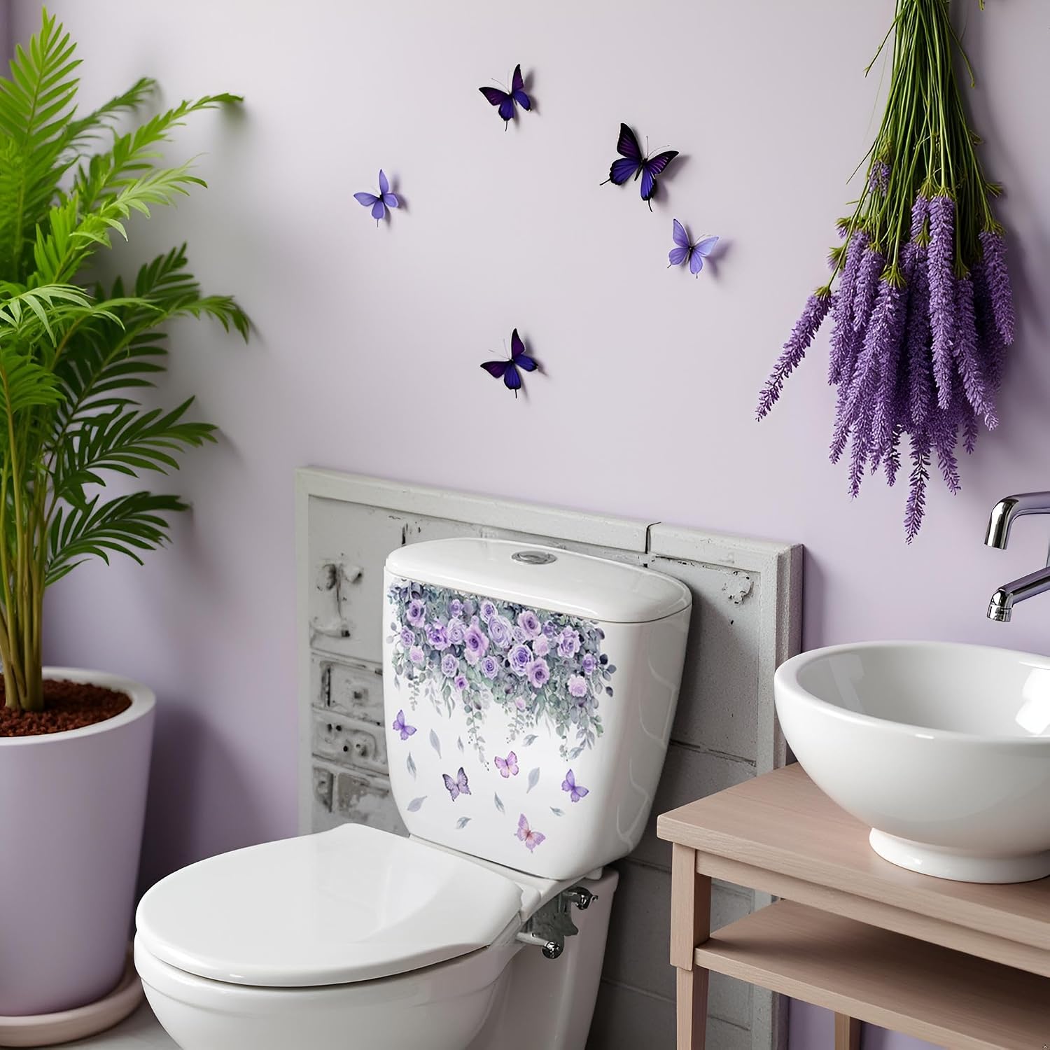 2 Sheets Flower Toilet Stickers Purple Plant Rose Butterfly Toilet Lid Decals Self-Adhesive Toilet Bathroom Wall Decoration