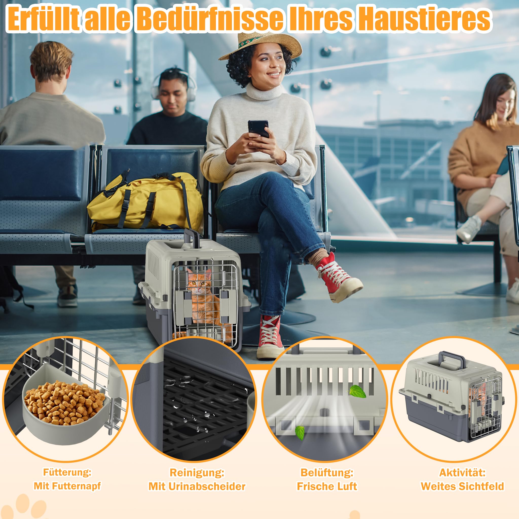 XMTECH Hundetransportbox Transportbox Flugzeugbox für Tiere, Reisebox für Hunde, mit Sicherheitsverriegelung & Lüftungsgitter, L 60 x B 40 x H 40 cm