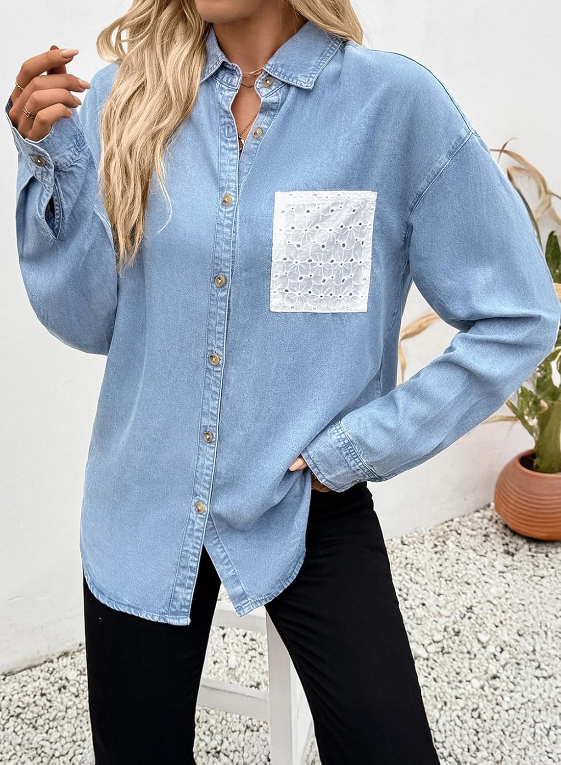 Sidefeel Women's Denim Shirt Button Down Long Sleeve Jean Shirt Shackt with Lace Pocket Denim Top - Image 3