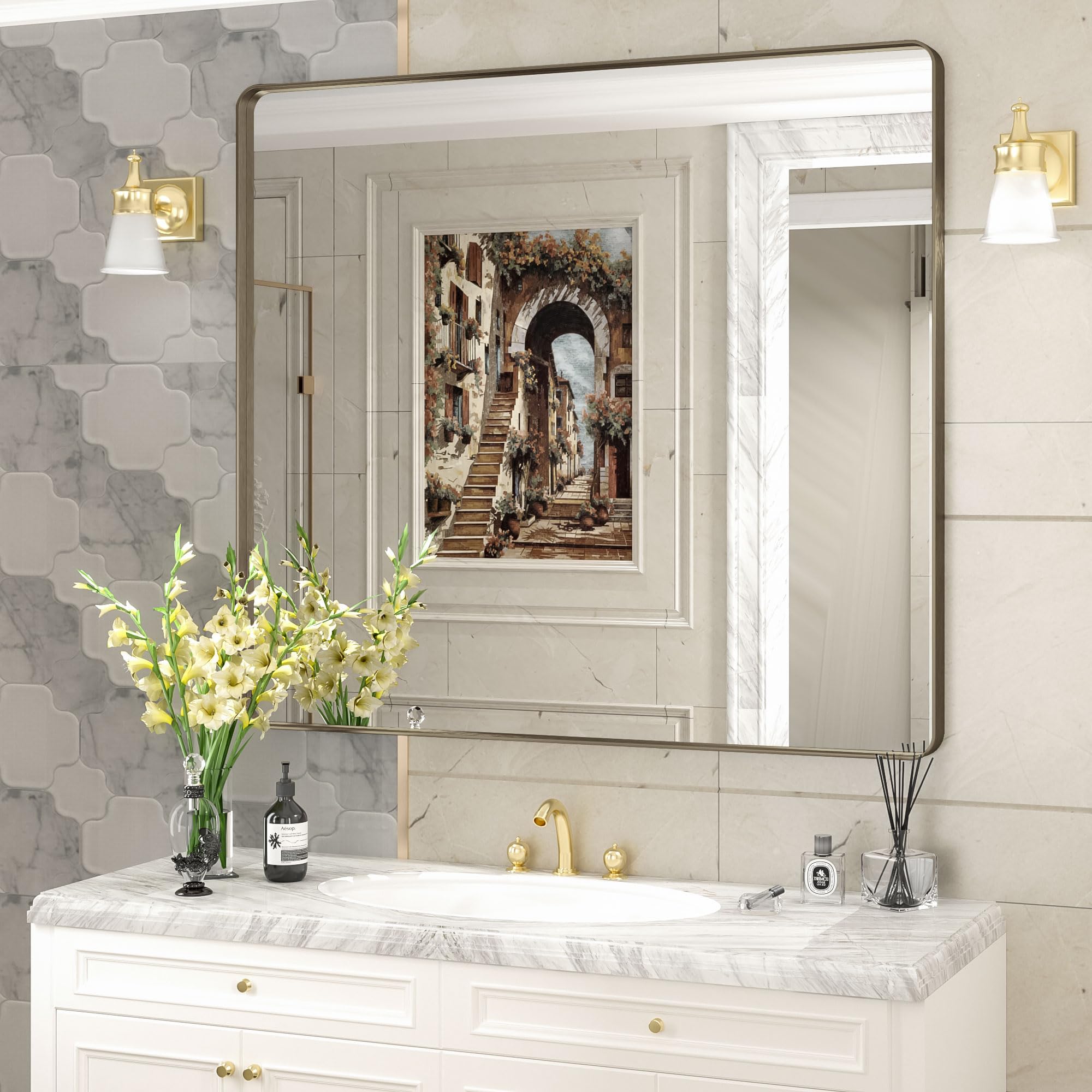 CHARMOR 40x36 Bronze Bathroom Mirror, Brushed Metal Bathroom Vanity Mirrors for Wall, Rounded Corner Bronze Rectangle Mirror for Farmhouse, Bedroom,