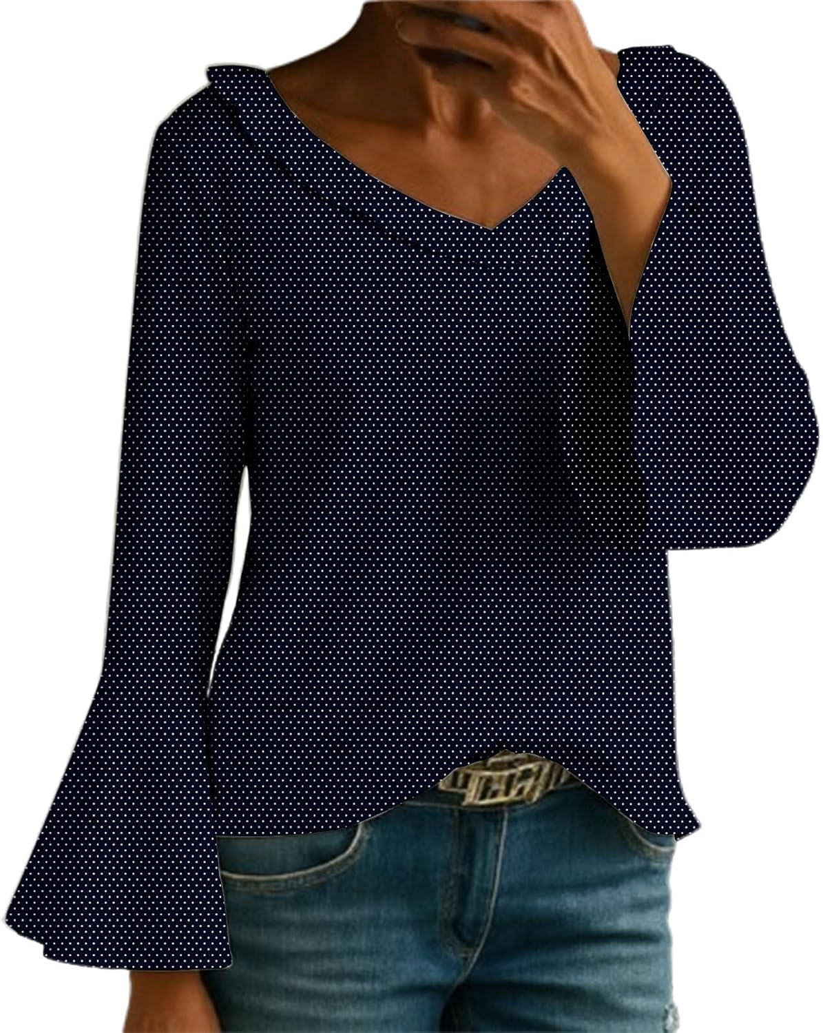 Women's Gradient Color Shirt Loose Ruffled V Neck Long Flared Sleeve Casual Tops Dinner Party Blouse Plus Size
