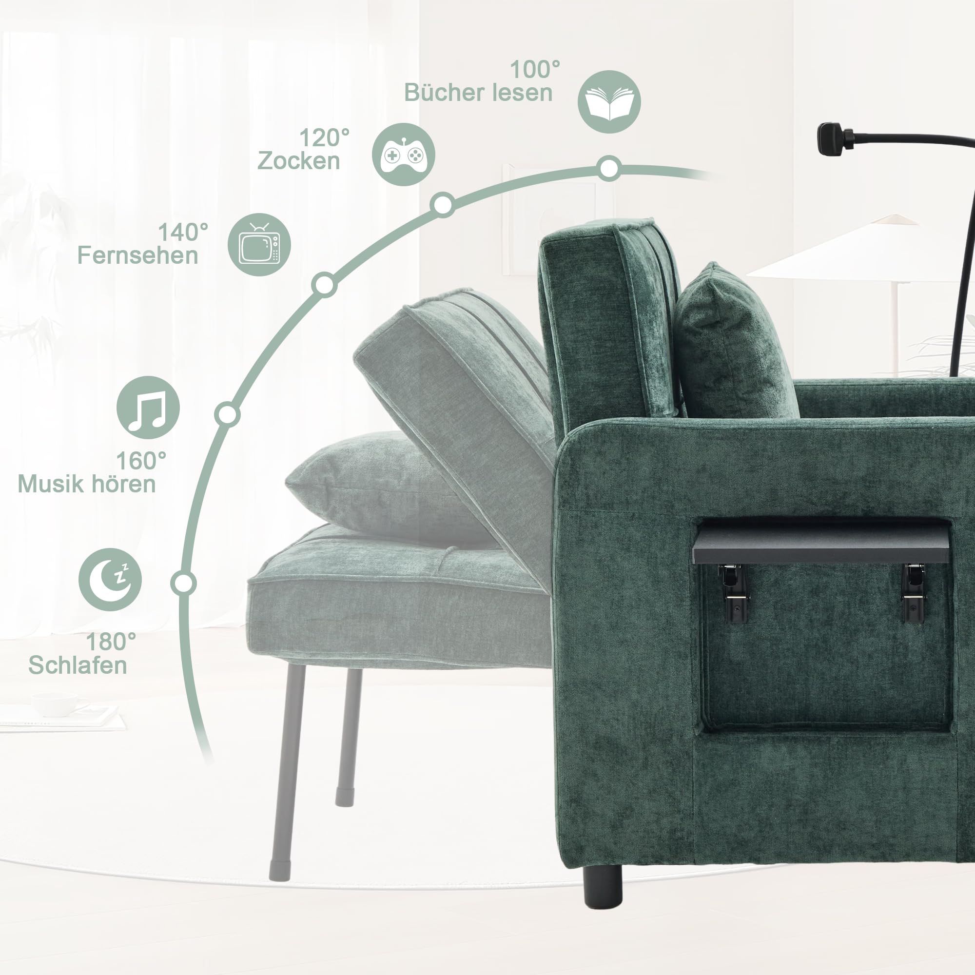 Generisch Poltrona letto 2 in 1 in ciniglia verde, divano letto singolo con cuscino, tasche laterali e vassoio, schienale regolabile in 5 posizioni, portata 150 kg, per soggiorno, camera da letto