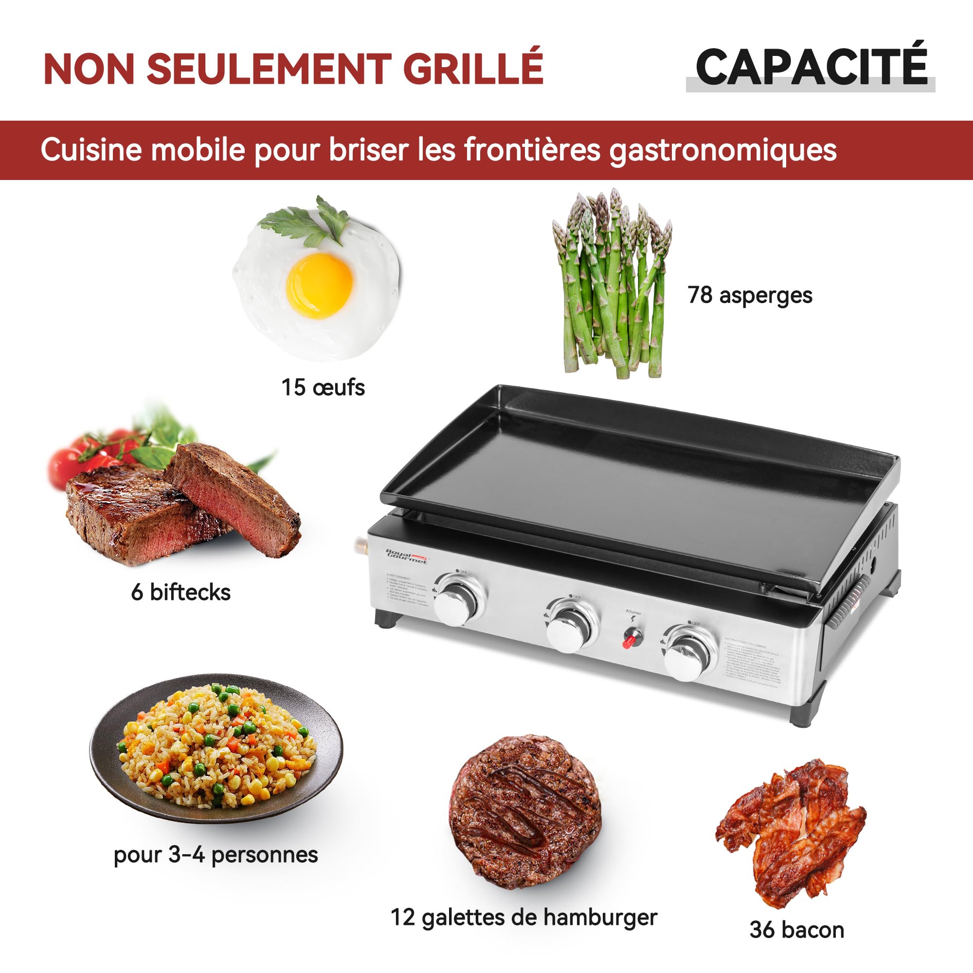 Royal Gourmet Gasplatte aus emailliertem Stahl, 3 Brenner, Leistung 7,5 kW, Kochfläche 62,0 x 35,5 cm, tragbar für Camping und Outdoor