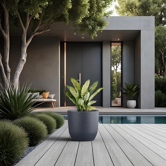 Kante Charcoal Concrete Planter 16.5 Dia All-Weather Round Accent Pot | Handcrafted Cement Curved, Anti-Frost & UV Outdoors, Plug for Indoor, Lightweight & Durable, Modern Home, Garden, Porch