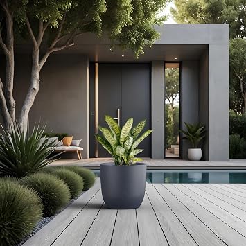 Kante Charcoal Concrete Planter 16.5 Dia All-Weather Round Accent Pot | Handcrafted Cement Curved, Anti-Frost & UV Outdoors, Plug for Indoor, Lightweight & Durable, Modern Home, Garden, Porch