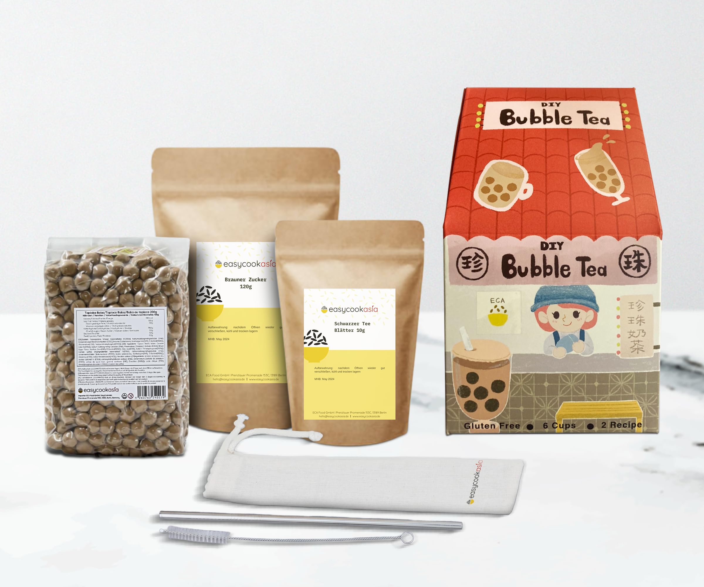 EasyCookAsia DIY Bubble Tea Kit | Hochwertige Zutaten, darunter echte Tapioka-Perlen, wiederverwendbare Bubble-Tea-Strohhalme und eine Bürste | Umweltfreundlich | Glutenfrei