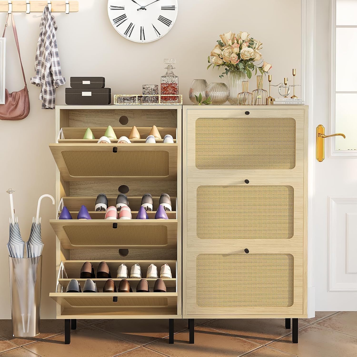 MIERES Shoe Cabinet with 3 Flip Drawers, Narrow Shoe Rack with Adjustable or Removable Shelf, Freestanding Organizer with Metal Legs, Natural Rattan Shoe Storage Cabinet for Entryway, Foyer, Hallways