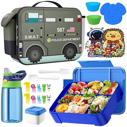 TIME4DEALS Kid Bento Lunch Box Set, Insulated Lunch Bag with 6 Compartment Bento Box Ice Pack Water Bottle Muffin Cup Spoon Snack Container Kids School Lunch Supplies Ideal for 7-16 (Black Police Car)