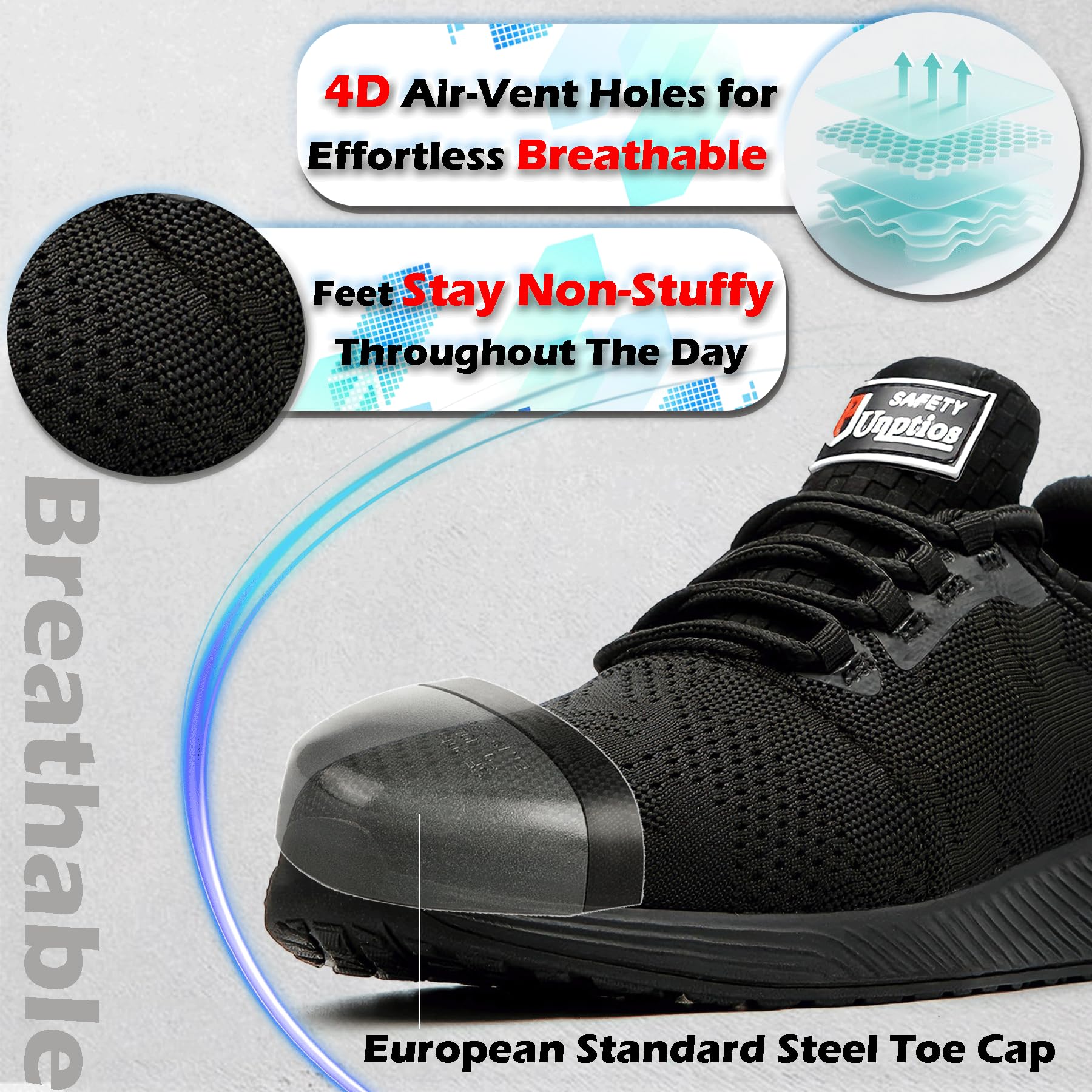 Lekkie Buty Ochronne Unisex, Trampki Męskie i Damskie, Stalowy Nosek, Oddychające Buty Robocze, Czarny 12, 41.5 EU
