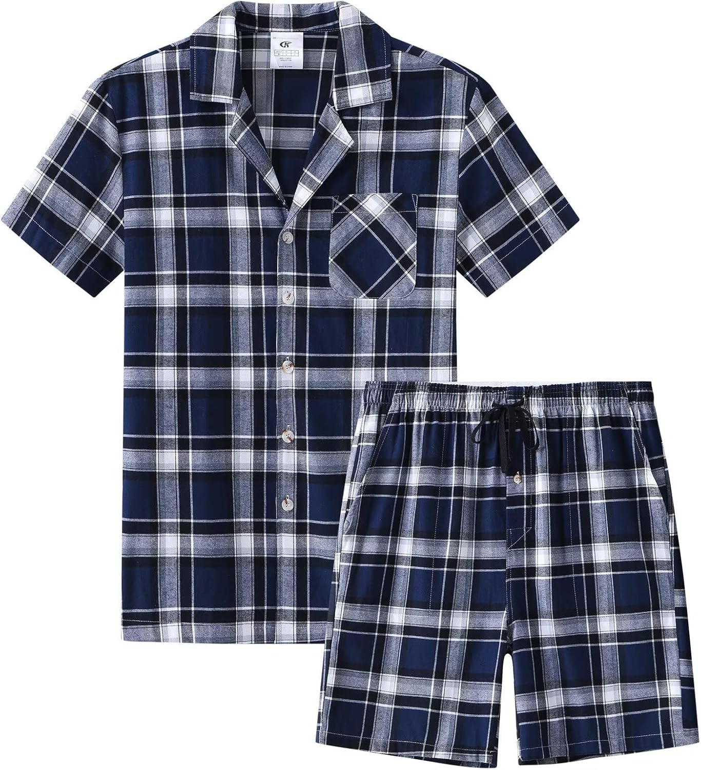 yuyangdpb Men's Pajamas Sets Shorts Woven Cotton Plaid Pj Set Button Down Sleepwear Short Set 2 Pieces with Pocket
