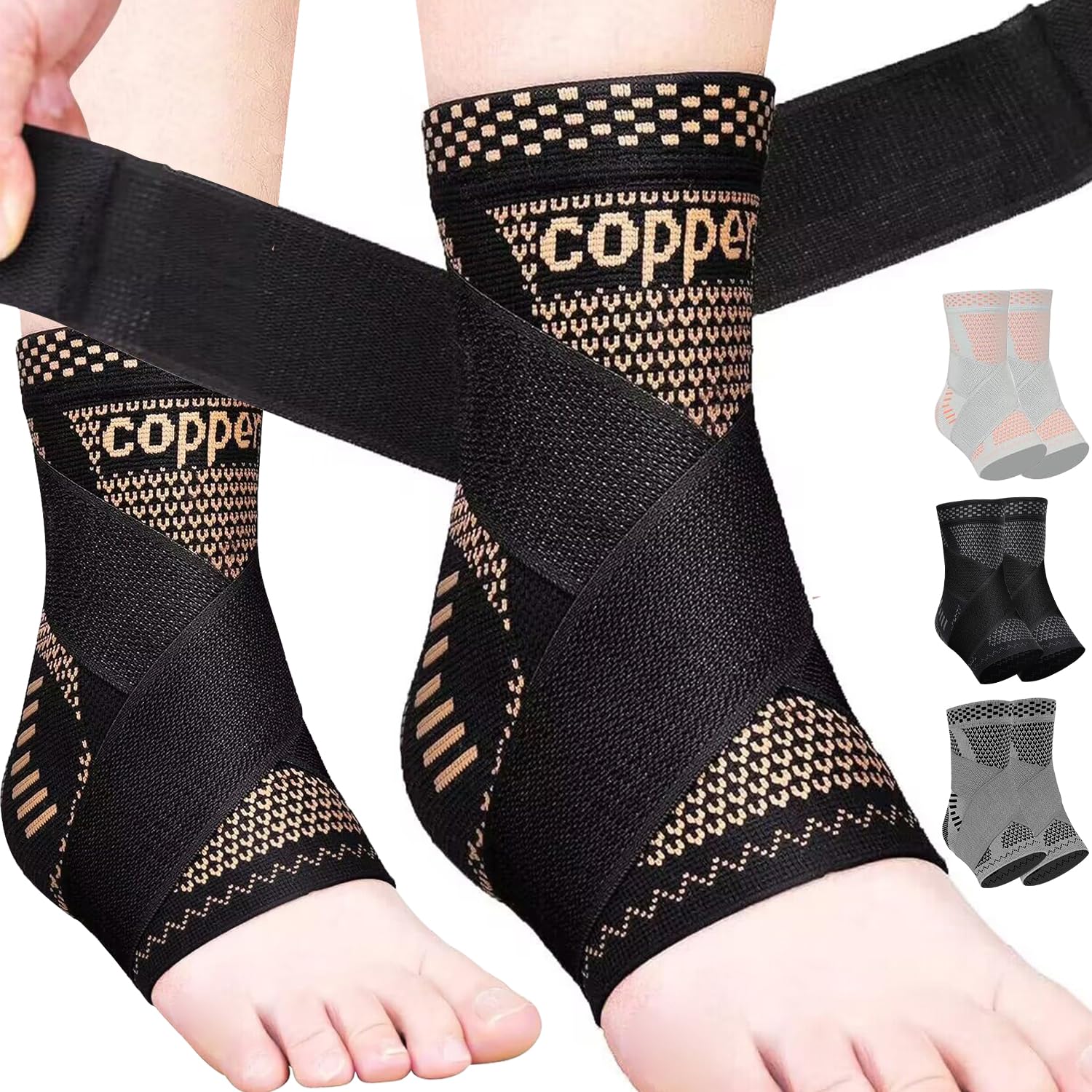JIUFENTIAN Copper Ankle Brace Adjustable Compression Sleeve (Pair)-Ankle Support Heel Brace for Achilles Tendonitis, Plantar Fasciitis-Eases Swelling and Sprained Ankle(Medium)