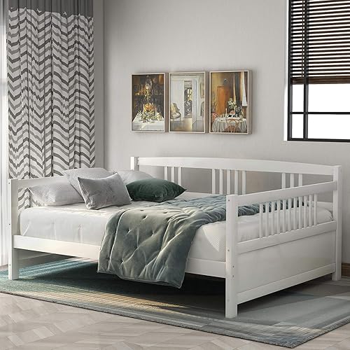Merax Daybed Full Bed Wooden Slats Support Modern Living Daybed with Rails, Full Size, Ivory White