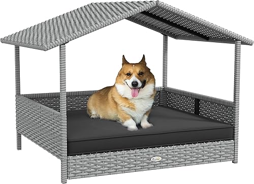 Miniatura 18 de PawHut Casa de mimbre para perros al aire libre con toldo, cama de ratán para perros con cojín resistente al agua, cama elevada para mascotas para