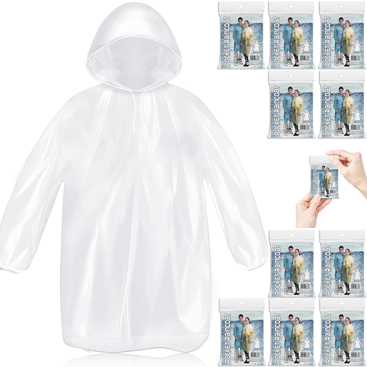 10 Pack Disposable Rain Ponchos for Adults Card-Sized Emergency Ponchos Family Pack with Hood for Travel