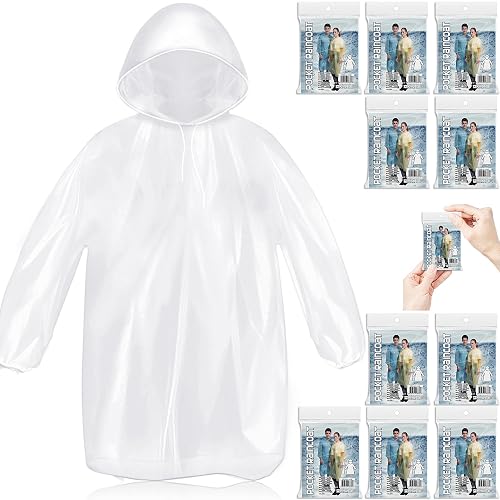 MZYIWUU 10 Pack Disposable Rain Ponchos for Adults, Card-Sized Emergency Ponchos Family Pack with Hood for Travel - Clear (10 Pack)