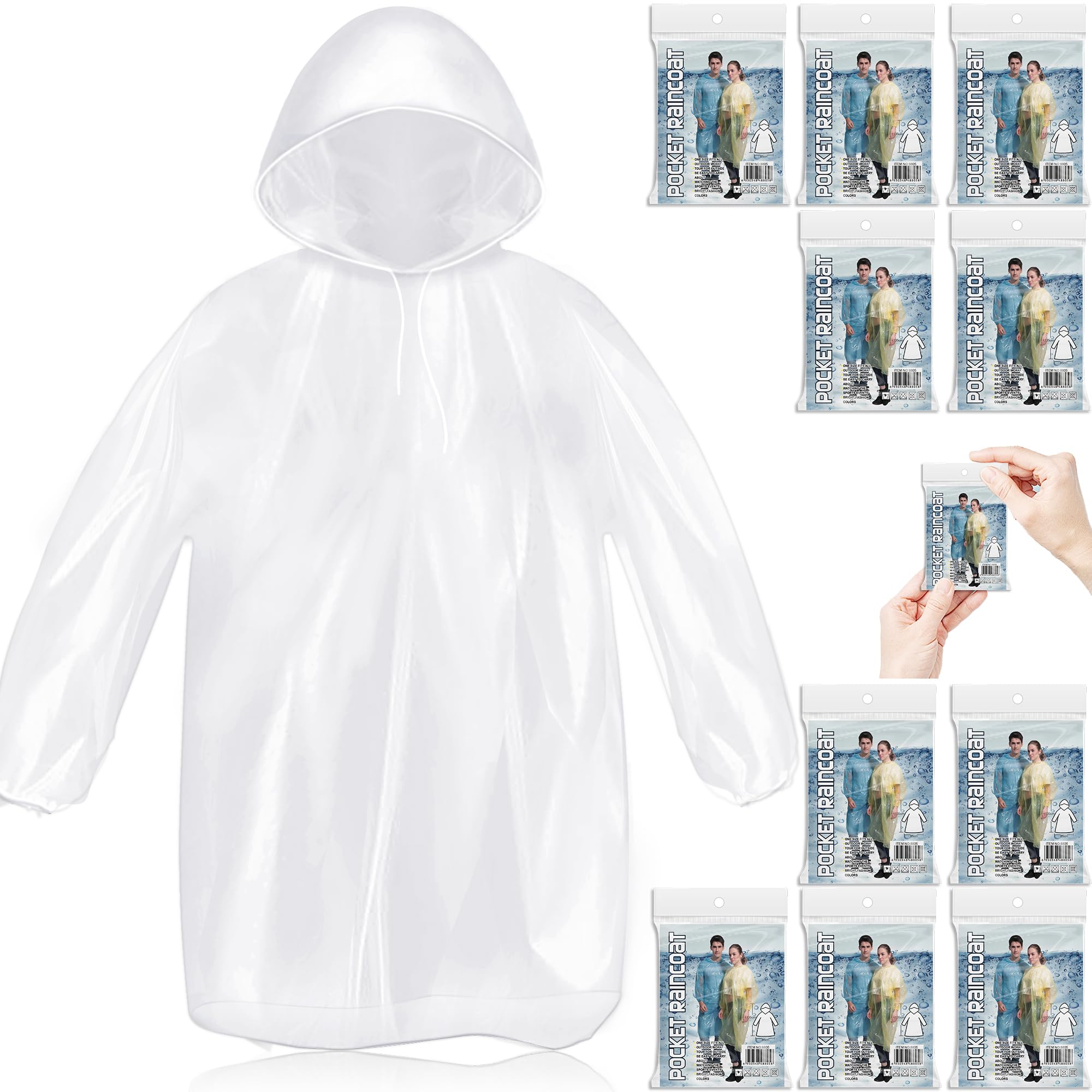 10 Pack Disposable Rain Ponchos for Adults Card-Sized Emergency Ponchos Family Pack with Hood for Travel