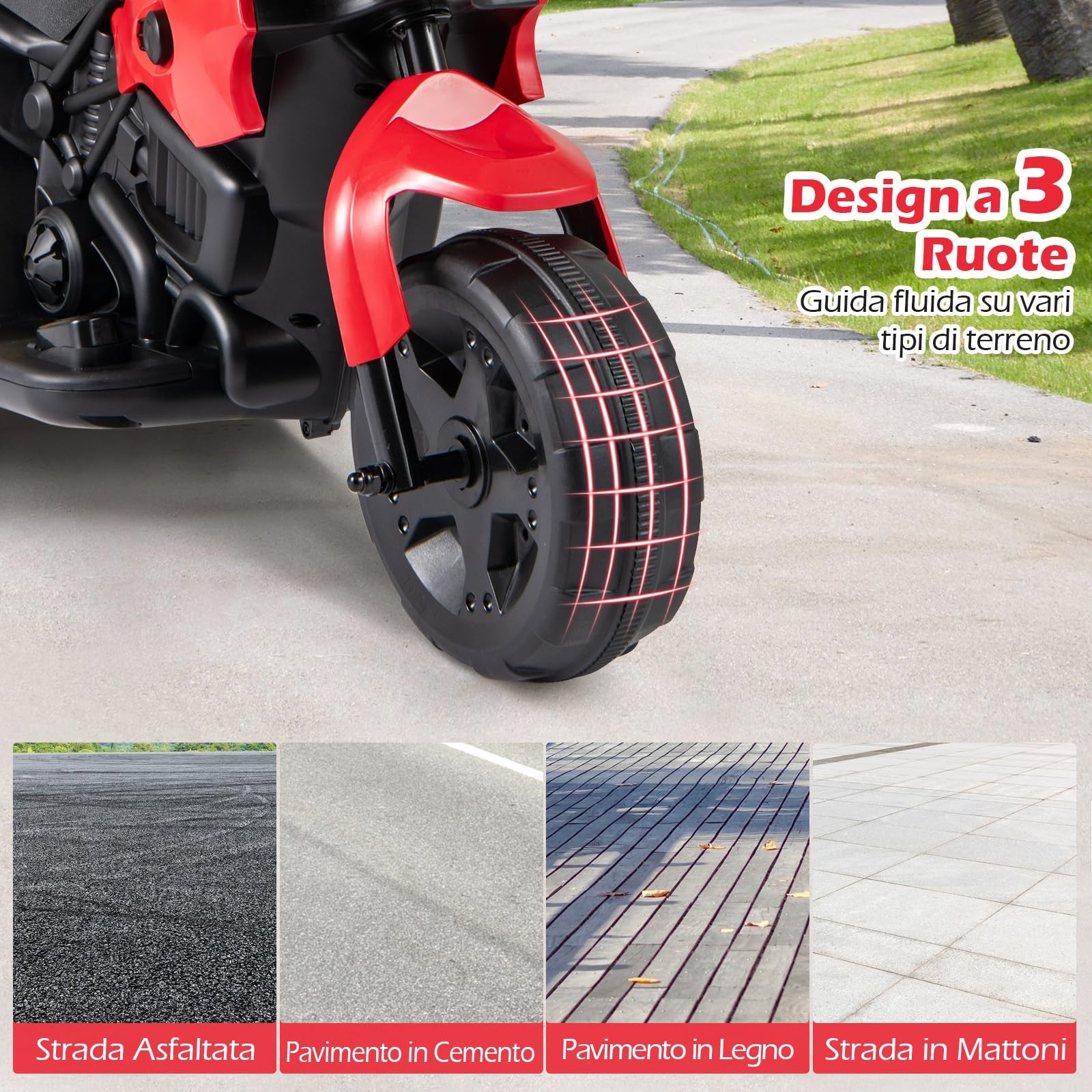 COSTWAY 6V Moto Elettrica per Bambini, Moto a 3 Ruote con Fari LED, Pedale a Piedi, Veicolo Elettrico a Batteria per Bambini 37-72 Mesi (Rosso)
