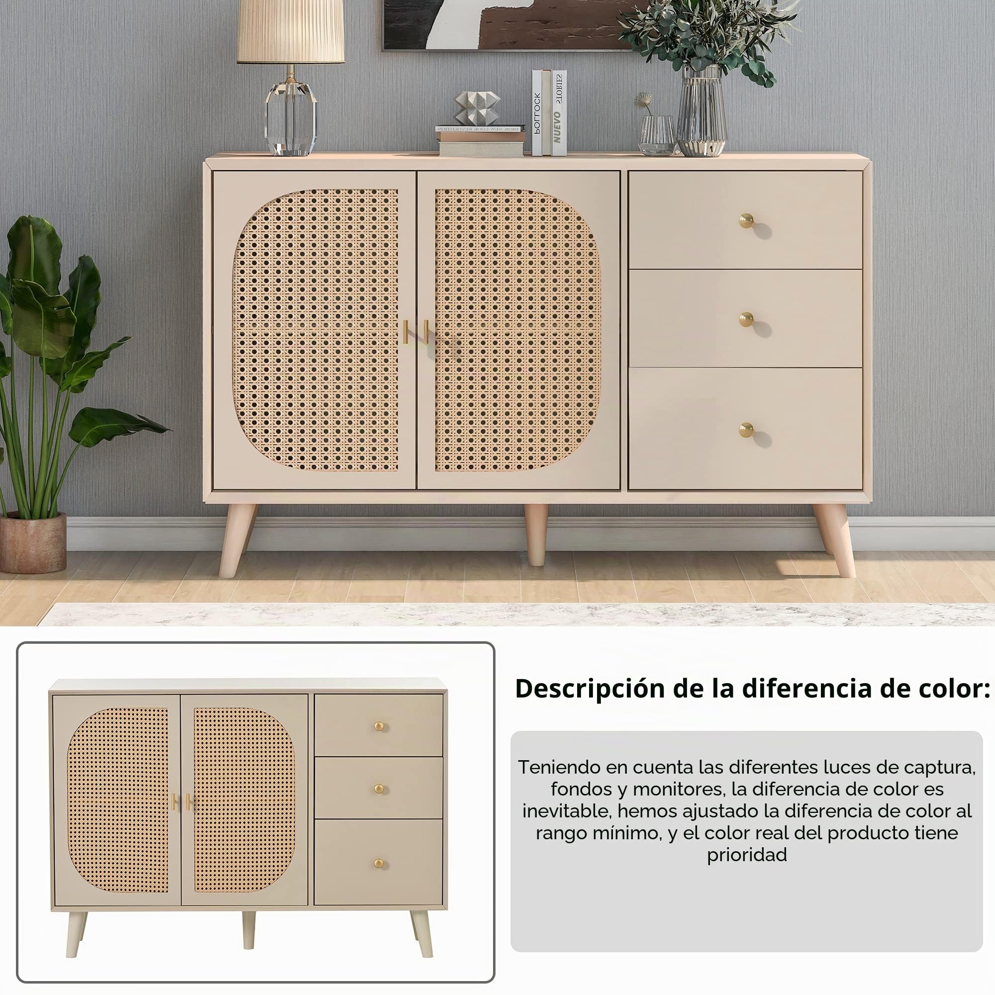 Azkoeesy Aparador de Ratán Beige- Armario Buffet 2 Puertas + 3 Cajones (120x40x82 cm) para Cocina, Salón o Jardín - Mueble de Almacenamiento Estilo Rústico