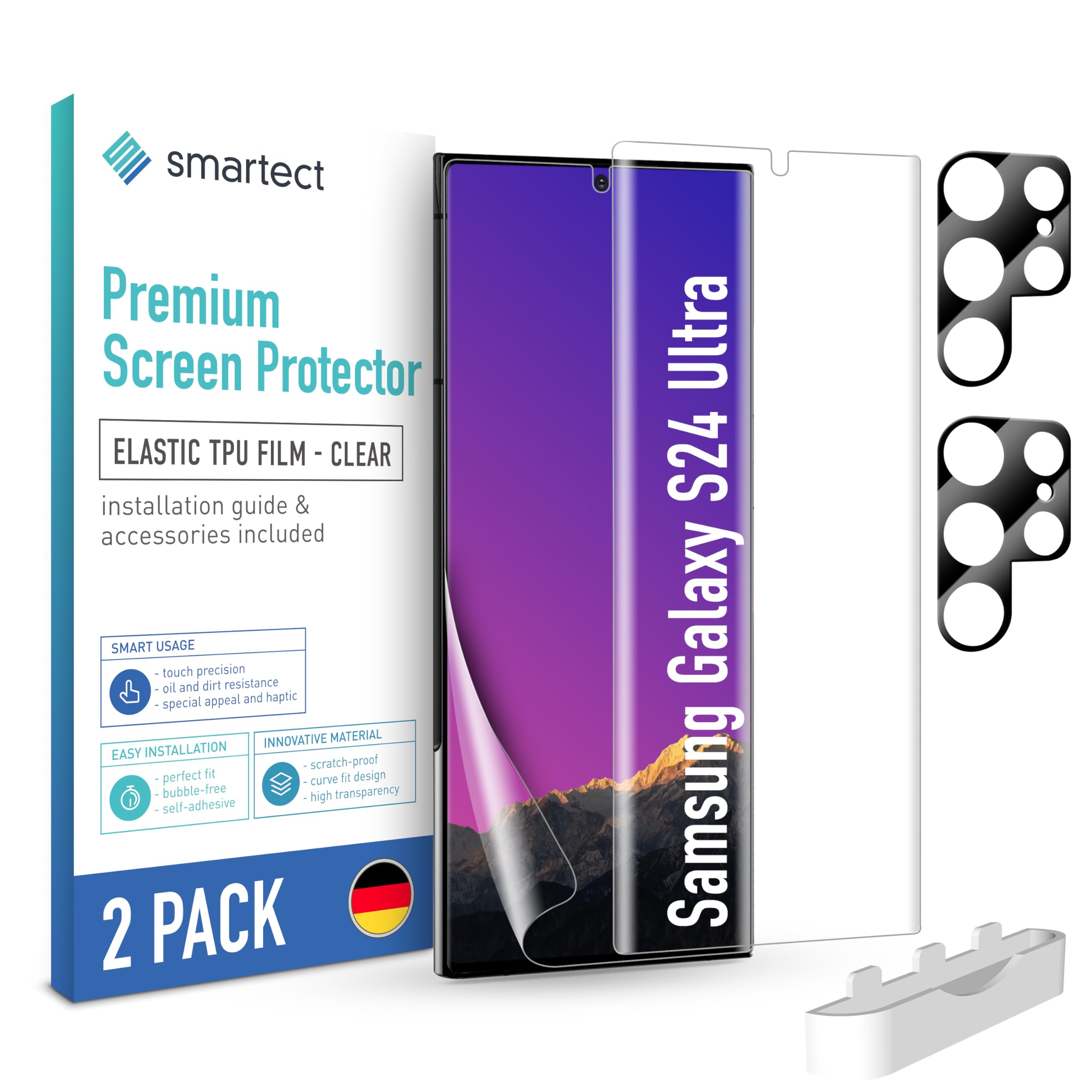 smartect TPU Protector Pantalla 2 + 2 Piezas para Samsung Galaxy S24 Ultra | Película Protectora + Cámara, Antiarañazos, Ultra Transparente, Sin Burbujas, Compatible Huella Digital, Compatible Funda