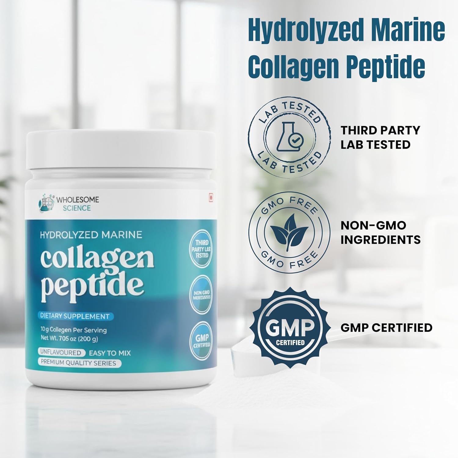 Hydrolyzed Marine Collagen Peptides Powder – Collagen Peptide Formula for Skin, Hair & Nails – Non-GMO, Third-Party Lab Tested, Dietary Supplement – 10 g (1 Scoops) per Serving
