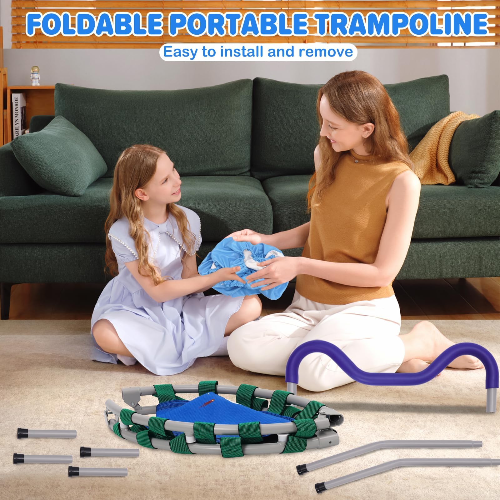 36" Trampolin Kinder mit Verstellbarer Abnehmbarer Griff und Sicherem Polster,bis 60 KG,Fitness Trampolin Faltbar,Indoor/Outdoor für Kinder von 3-6 Jahren,Blau
