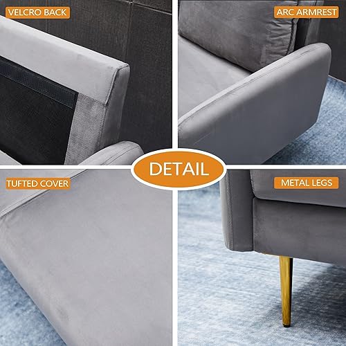 Miniatura 5 de Sofá biplaza de terciopelo moderno con patas de metal para sala de estar, dormitorio, oficina, sala de juegos, color gris