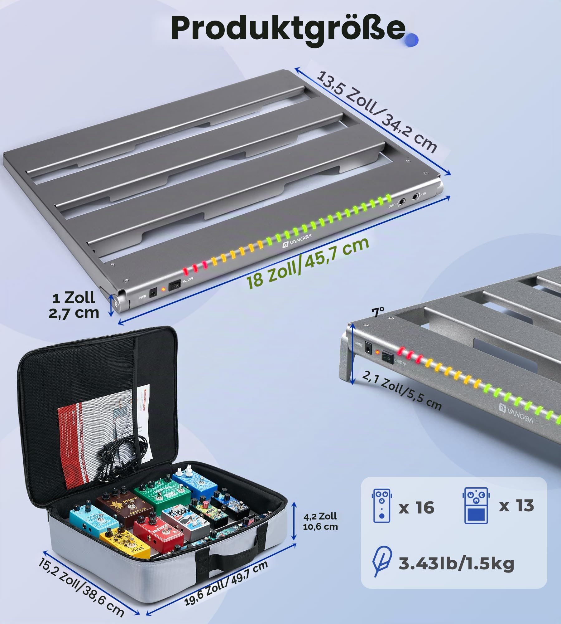 Vangoa Pedalboard mit Integriertem Netzteil,Aluminiumlegierung einteilig gebogene tragbare faltbare powered Guitar Pedal Board mit Premium-Rucksack, Medium, 45.72 * 34.29cm, 1.54kg, grau