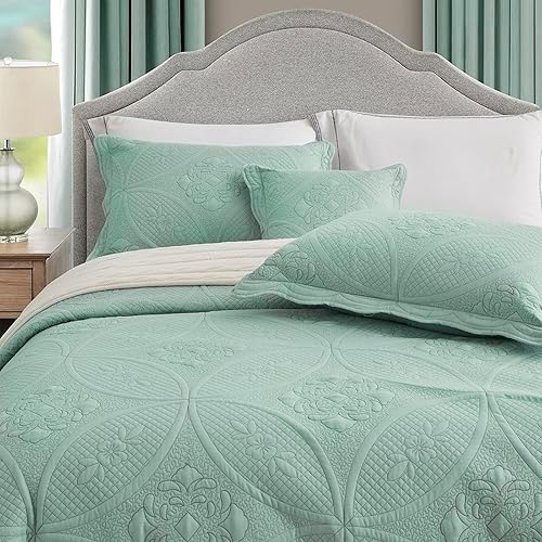 Miniatura 6 de Colcha  Funda de cama de tamaño matrimonial  Juego de colcha moderno y contemporáneo, costuras reales, reversible, ligero, 4 piezas, Seaglass