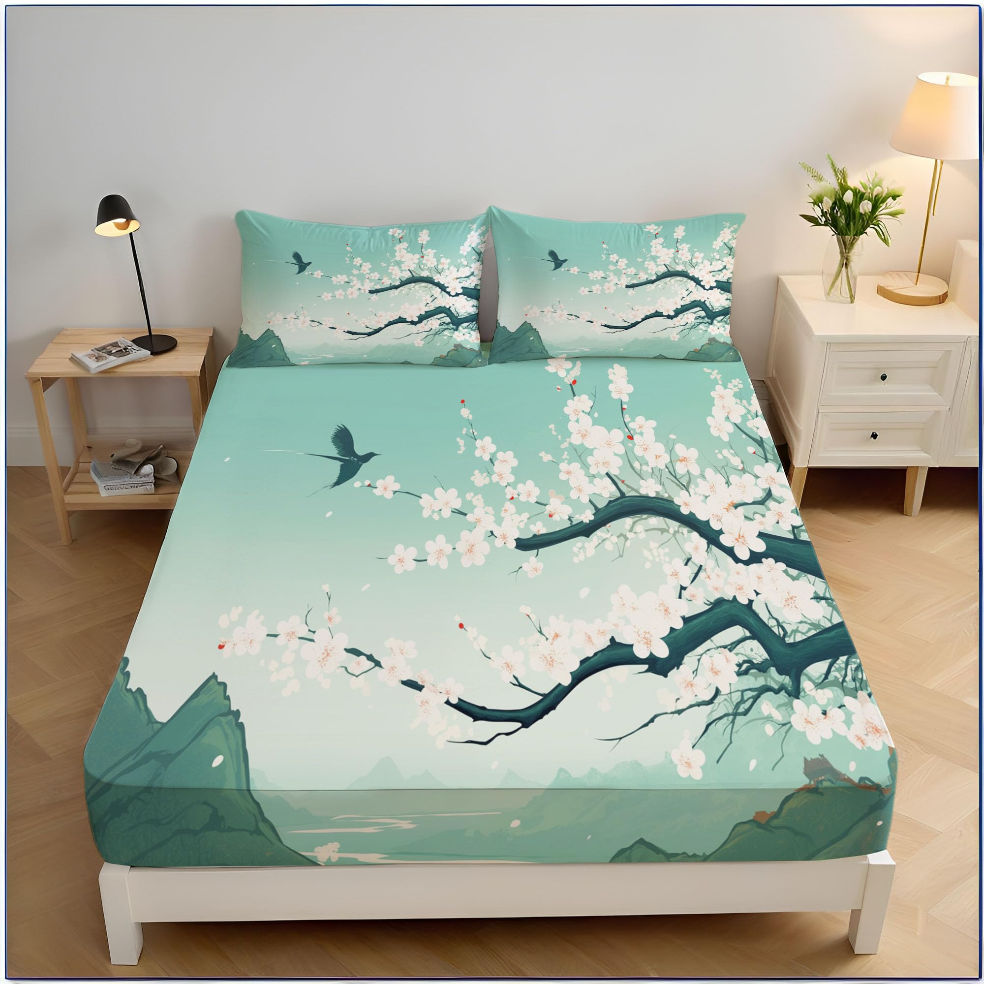 Drap-housse 140x200 cm fleurs de pêcher et montagnes avec grand bonnet de 30 cm