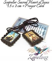 Vista 4 de Escapulario Católico Marrón Lana Rectangular Icono Hecho a Mano Corazón Sagrado de Jesús con Nuestra Señora Monte Carmelo por Zaraleas