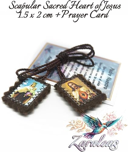 Miniatura 4 de Escapulario Católico Marrón Lana Rectangular Icono Hecho a Mano Corazón Sagrado de Jesús con Nuestra Señora Monte Carmelo por Zaraleas