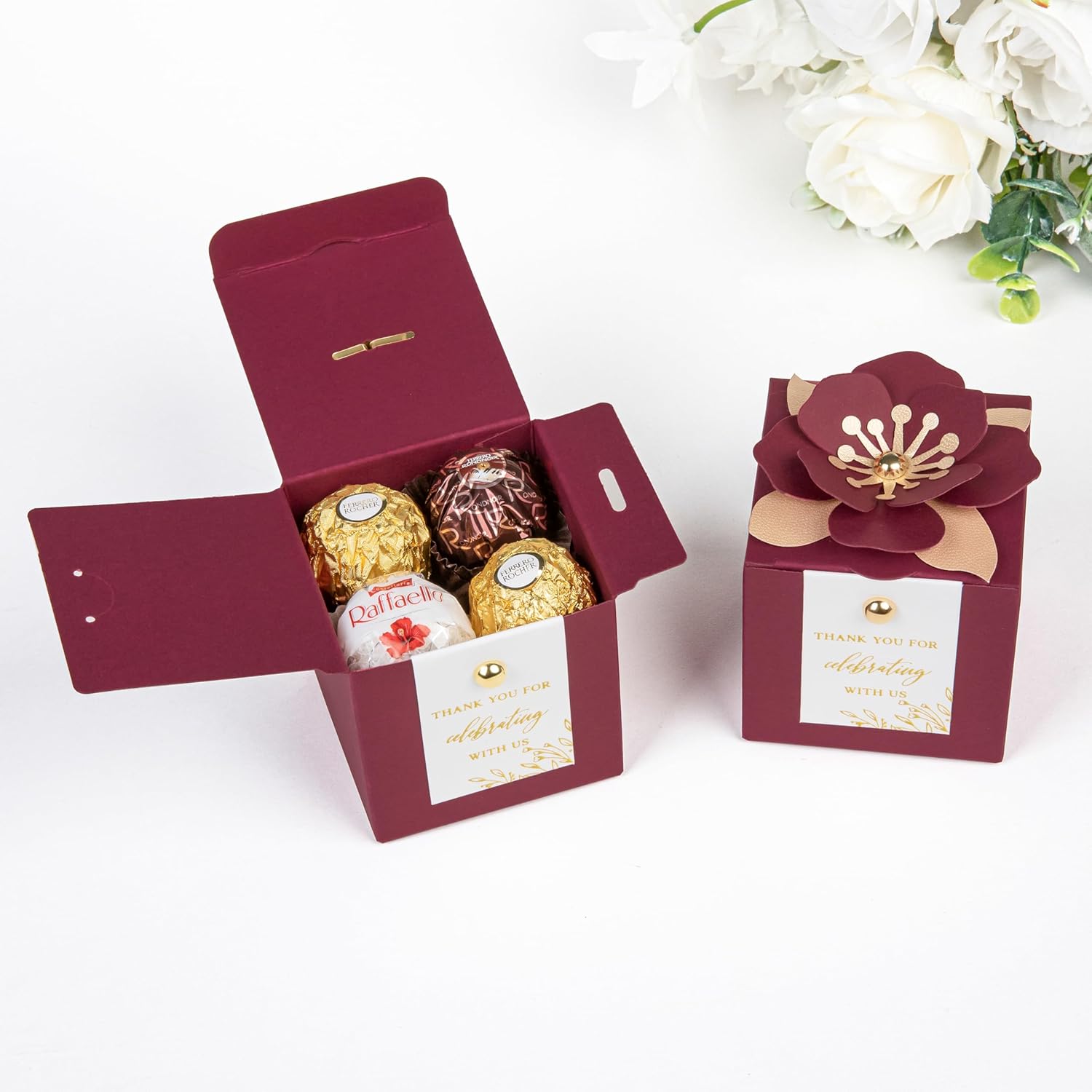 FEIYI 20 PCS Favor Boxes, 3 In 1Burgundy Candy Boxes with Floral Decor, White Thank You Tags Gold Foil Print Gift wrapping for Wedding, Baby Shower, Birthday, Decorations Party - 2.55x2.55x2.55 - Image 3