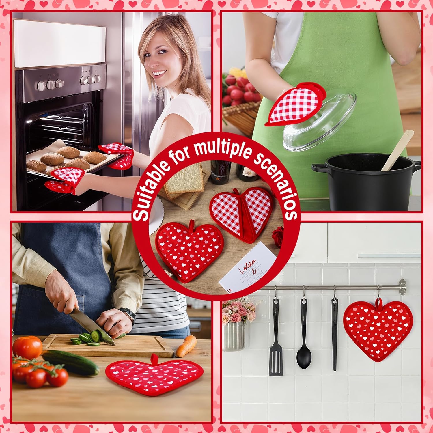 2 Pack Valentines Day Decor Love Check Gingham Heart Shaped Pot Holders for Kitchen Heat-Resistant Fabric Hot Pads with Hanging Loops for Cooking Baking Grilling Supply