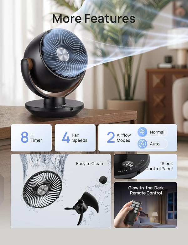 DREO Fan for Bedroom, Desk Air Circulator Fan with Remote, 11 Inch Table Fans for Whole Room, 65ft Powerful Airflow, 120° Vertical Manual +90° Oscillating, 4 Speeds, 8H Timer, 25dB Quiet Fan, Home by DREO - Image 6
