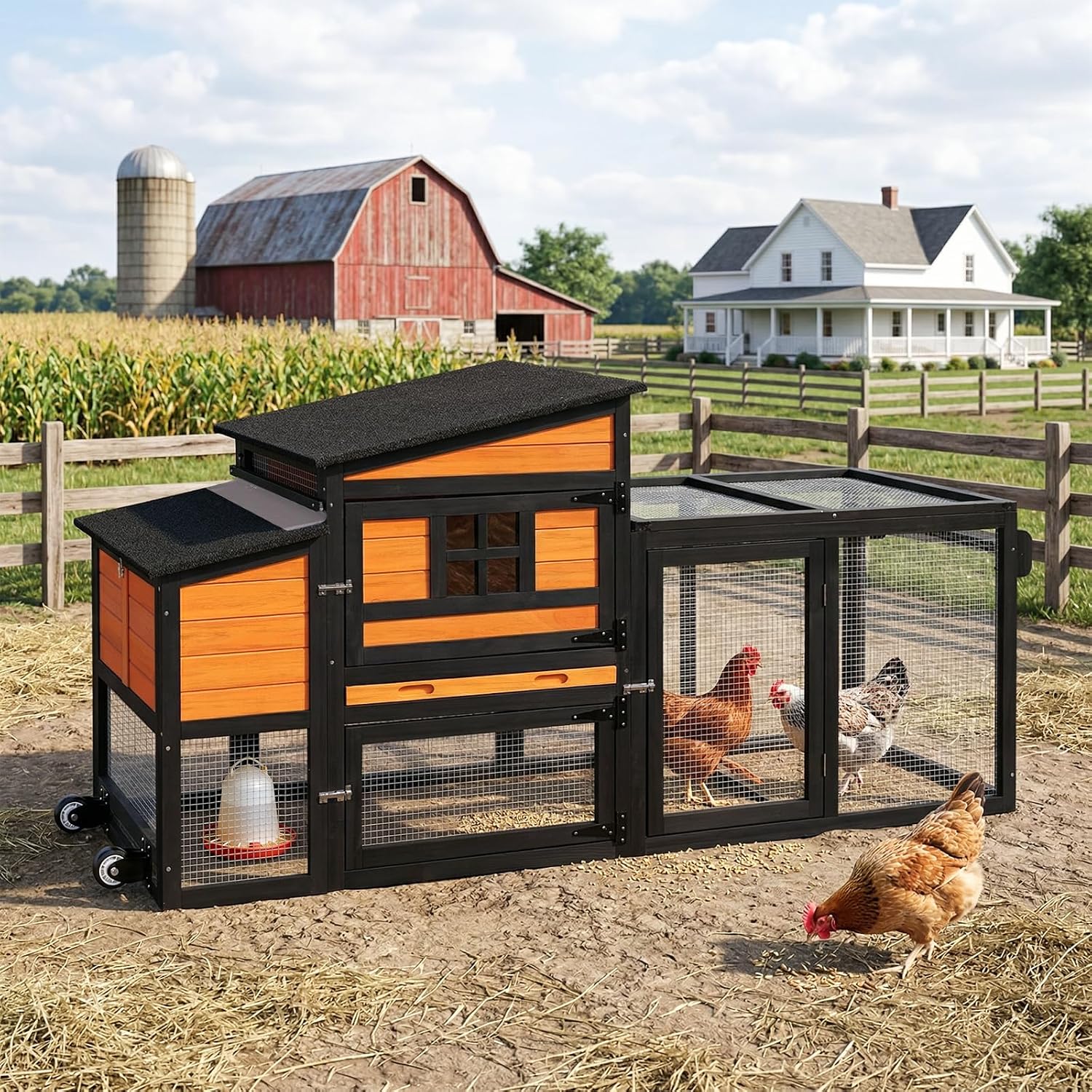 Portable Chicken Coop Poultry Cage with Wheels, Wooden Chicken Coop for 4-6 Chickens, Nesting Box, Pull-Out Tray, Ventilated Windows, Asphalt Weatherproof Roof, Yellow