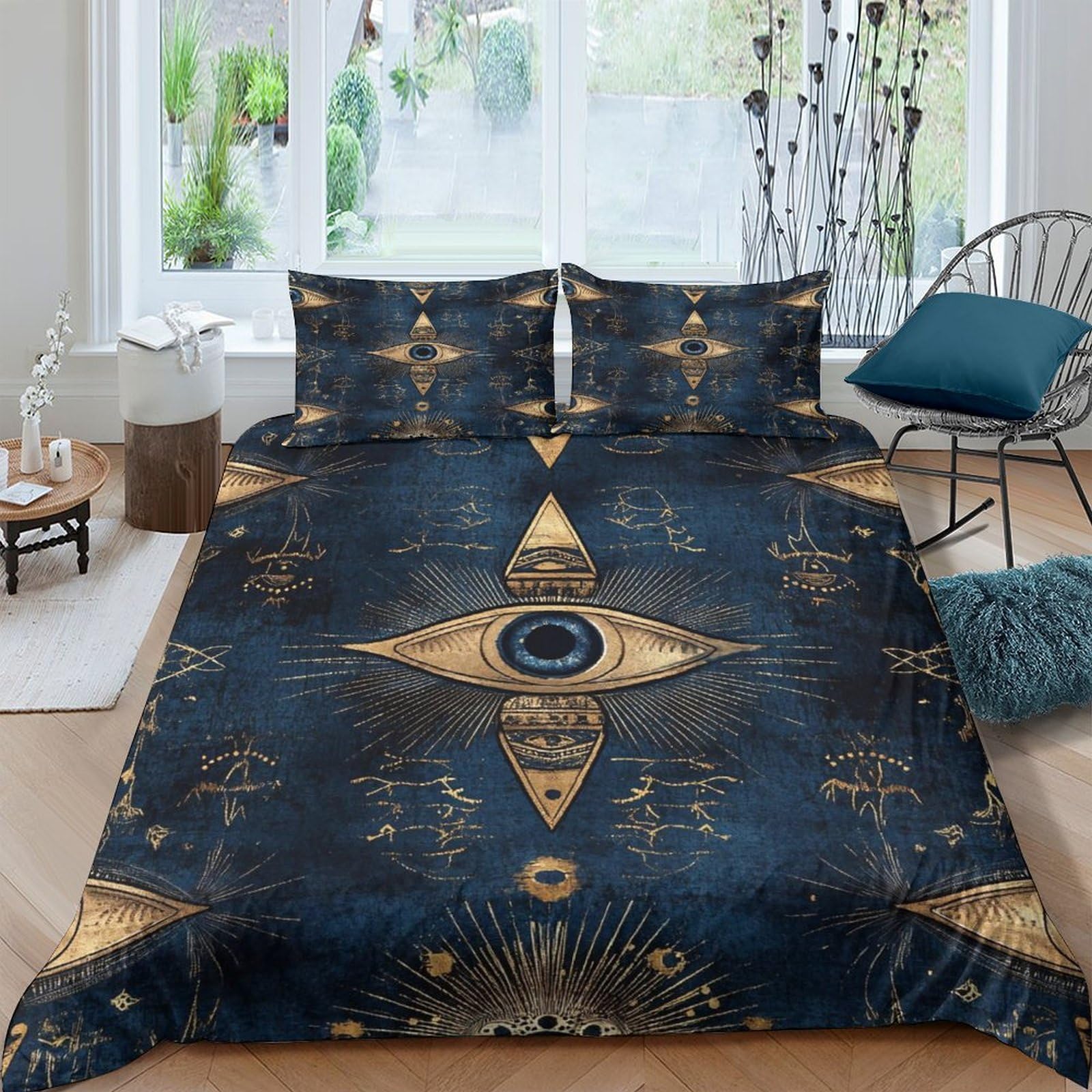 Ctjqhvkz Style-1 3D Printed Mystic Eye Fitted Sheet Microfiber Soft Gold Geometric Mattress Cover For Bedroom Dorm Decor Protection Single（135X200cm）