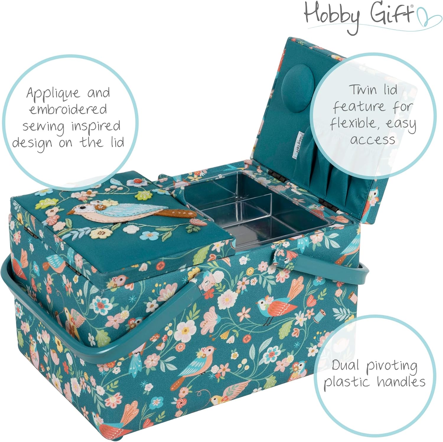 Hobby Gift Large Twin Lid Sewing Box Craft Storage Box with Handle Internal Tray Pin Cushion and Pockets for Sewing Knitting and Hobby Supplies