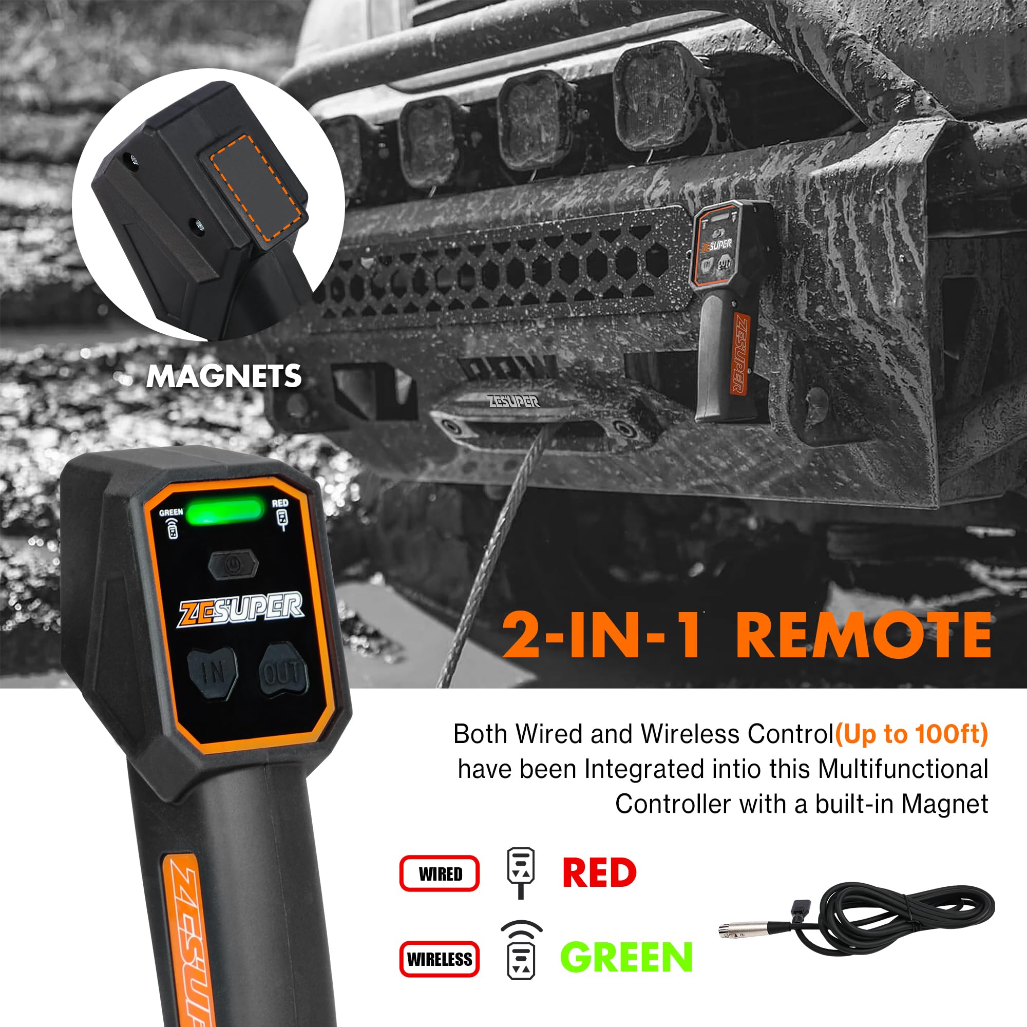 ZESUPER Elektryczna wciągarka linowa, 12 V, nośność 6123,5 kg, haczyki syntetyczne, zestaw wciągarek, wodoszczelna, IP66, elektryczna wciągarka ze sztucznym liną i przewodowym uchwytem 2 w 1